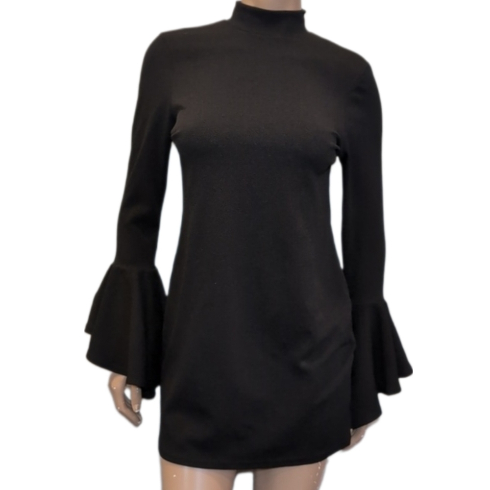 Boohoo Margot Shift Dress Long Flute Sleeve Mock Neck Mini Keyhole LBD Size 6